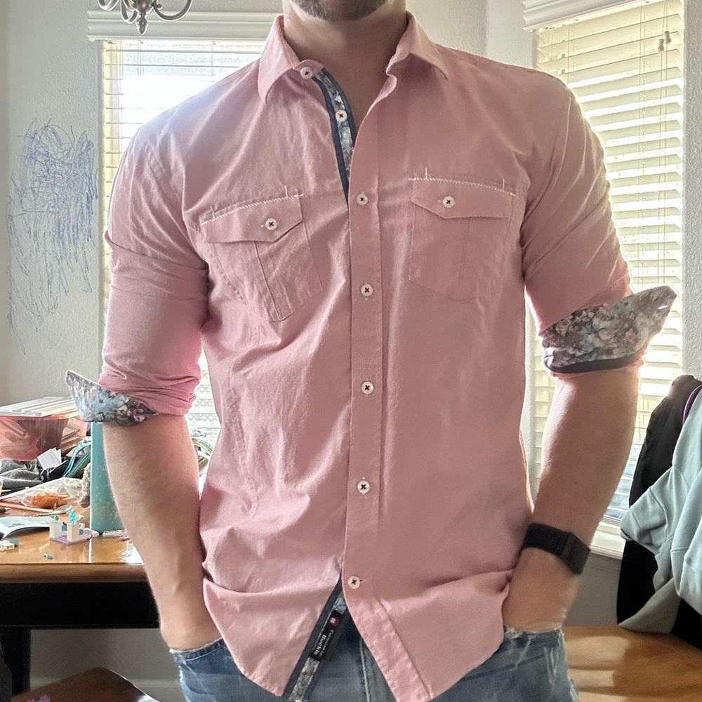 Eighty X Premium Large Slim Fit Pink w/ Floral inner trim Long Sleeve Button Up